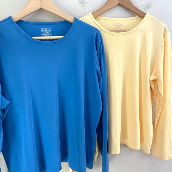 LL Bean Womens XL Blue and Yellow 100% Pima Cotton Shirt Long Sleeve 2 Pack Top - Picture 1 of 8